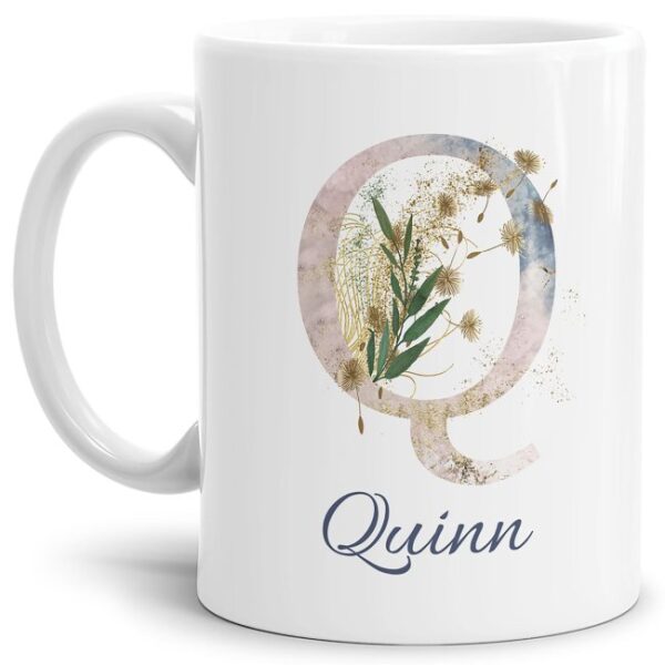 Liebevoll gestaltete Tasse mit Buchstabe und Name verziert mit einer Ranke aus Gräsern und Blumen. Der personalisierbare Kaffeebecher mit Monogramm...