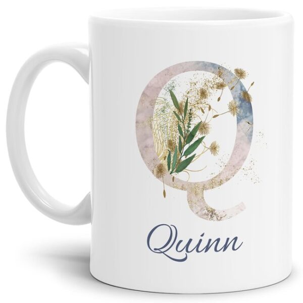 Liebevoll gestaltete Tasse mit Buchstabe und Name verziert mit einer Ranke aus Gräsern und Blumen. Der personalisierbare Kaffeebecher mit Monogramm...