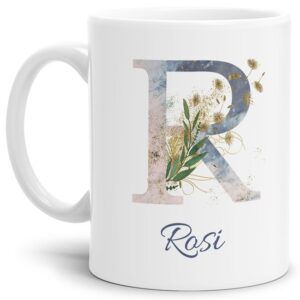 Liebevoll gestaltete Tasse mit Buchstabe und Name verziert mit einer Ranke aus Gräsern und Blumen. Der personalisierbare Kaffeebecher mit Monogramm...