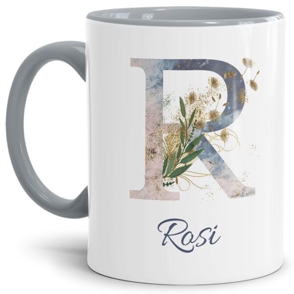 Liebevoll gestaltete Tasse mit Buchstabe und Name verziert mit einer Ranke aus Gräsern und Blumen. Der personalisierbare Kaffeebecher mit Monogramm...