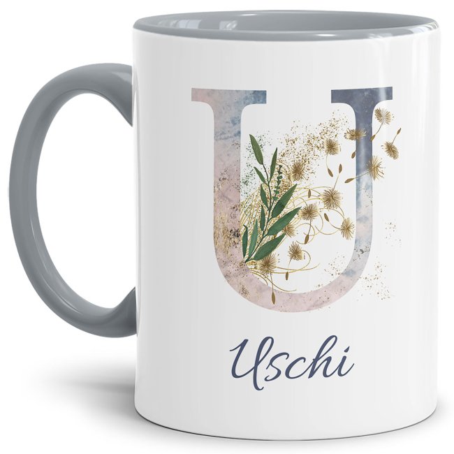 Liebevoll gestaltete Tasse mit Buchstabe und Name verziert mit einer Ranke aus Gräsern und Blumen. Der personalisierbare Kaffeebecher mit Monogramm...