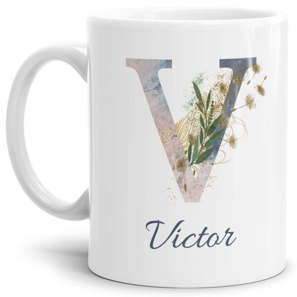 Liebevoll gestaltete Tasse mit Buchstabe und Name verziert mit einer Ranke aus Gräsern und Blumen. Der personalisierbare Kaffeebecher mit Monogramm...