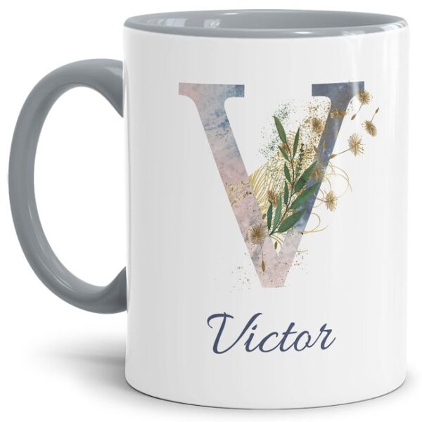 Liebevoll gestaltete Tasse mit Buchstabe und Name verziert mit einer Ranke aus Gräsern und Blumen. Der personalisierbare Kaffeebecher mit Monogramm...