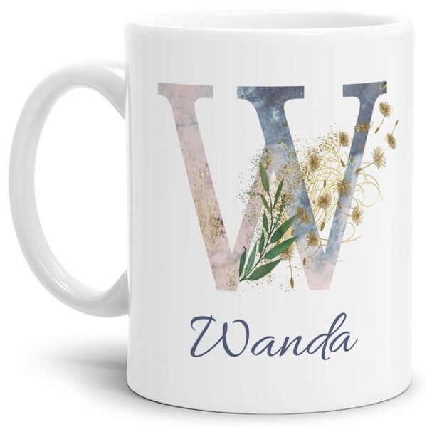 Liebevoll gestaltete Tasse mit Buchstabe und Name verziert mit einer Ranke aus Gräsern und Blumen. Der personalisierbare Kaffeebecher mit Monogramm...