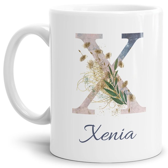 Liebevoll gestaltete Tasse mit Buchstabe und Name verziert mit einer Ranke aus Gräsern und Blumen. Der personalisierbare Kaffeebecher mit Monogramm...