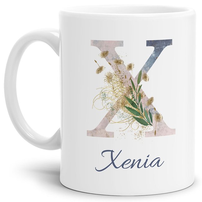 Liebevoll gestaltete Tasse mit Buchstabe und Name verziert mit einer Ranke aus Gräsern und Blumen. Der personalisierbare Kaffeebecher mit Monogramm...