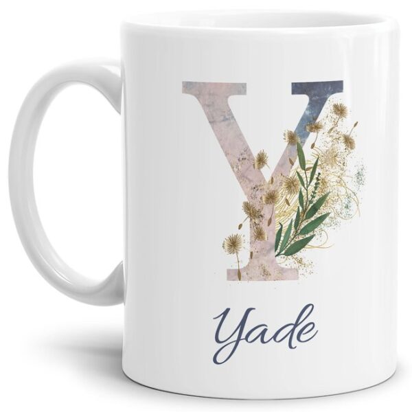 Liebevoll gestaltete Tasse mit Buchstabe und Name verziert mit einer Ranke aus Gräsern und Blumen. Der personalisierbare Kaffeebecher mit Monogramm...