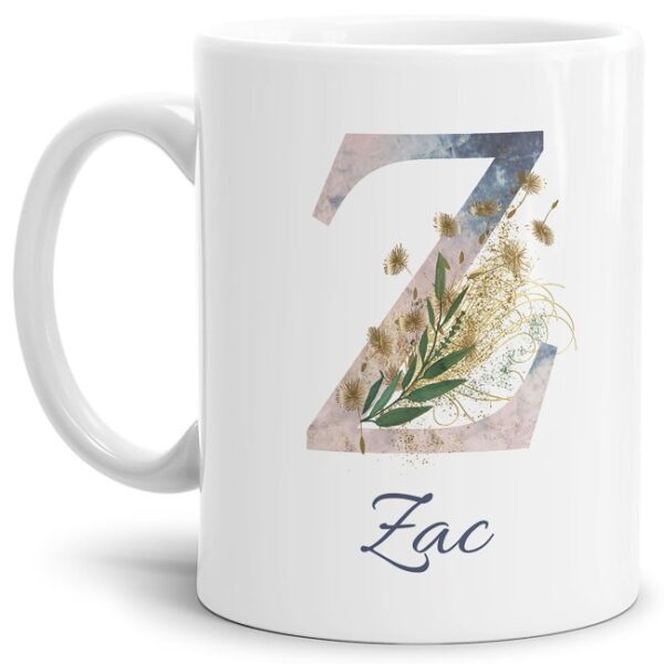 Liebevoll gestaltete Tasse mit Buchstabe und Name verziert mit einer Ranke aus Gräsern und Blumen. Der personalisierbare Kaffeebecher mit Monogramm...