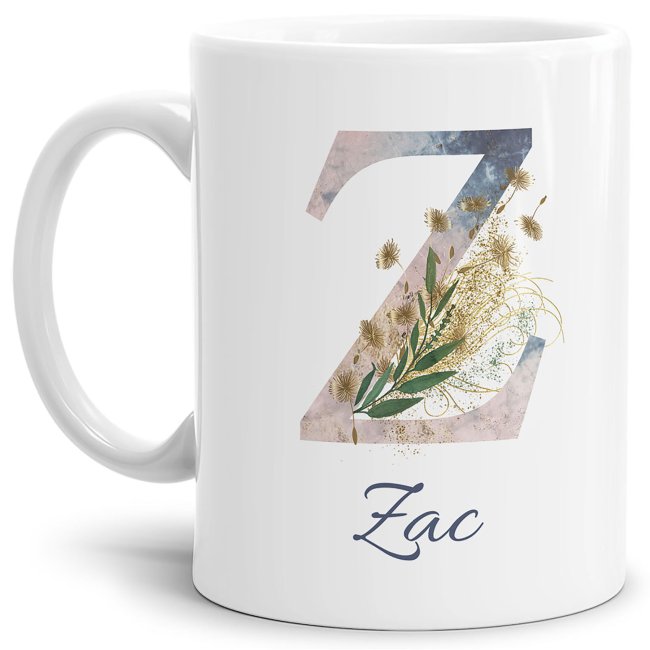 Liebevoll gestaltete Tasse mit Buchstabe und Name verziert mit einer Ranke aus Gräsern und Blumen. Der personalisierbare Kaffeebecher mit Monogramm...