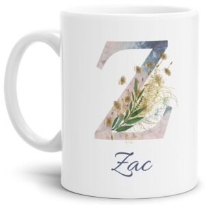 Liebevoll gestaltete Tasse mit Buchstabe und Name verziert mit einer Ranke aus Gräsern und Blumen. Der personalisierbare Kaffeebecher mit Monogramm...