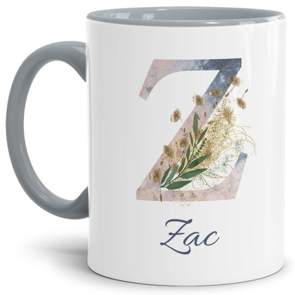 Liebevoll gestaltete Tasse mit Buchstabe und Name verziert mit einer Ranke aus Gräsern und Blumen. Der personalisierbare Kaffeebecher mit Monogramm...