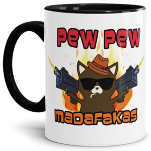 Lustige Tassen mit cooler Mafiosi-Katze und crazy Spruch - Pew Pew Madafakas - verrückte Katzen Tasse mit Trendmotiv. Perfekt als Geschenk für alle...