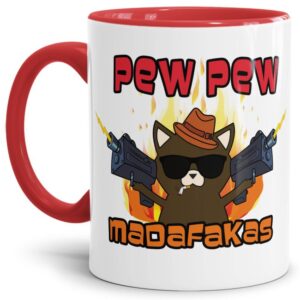 Lustige Tassen mit cooler Mafiosi-Katze und crazy Spruch - Pew Pew Madafakas - verrückte Katzen Tasse mit Trendmotiv. Perfekt als Geschenk für alle...