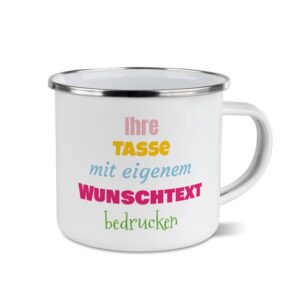 Nostalgie und Moderne in nur einer Tasse - Der Metallbecher aus Emaille ist wieder voll im Trend. Bedruckt mit deinem ganz persönlichen Wunschtext...