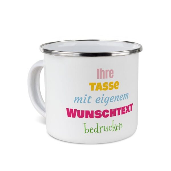 Nostalgie und Moderne in nur einer Tasse - Der Metallbecher aus Emaille ist wieder voll im Trend. Bedruckt mit deinem ganz persönlichen Wunschtext...