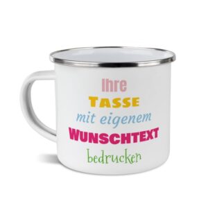 Nostalgie und Moderne in nur einer Tasse - Der Metallbecher aus Emaille ist wieder voll im Trend. Bedruckt mit deinem ganz persönlichen Wunschtext...