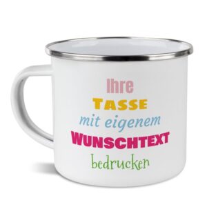 Nostalgie und Moderne in nur einer Tasse - Der Metallbecher aus Emaille ist wieder voll im Trend. Bedruckt mit deinem ganz persönlichen Wunschtext...