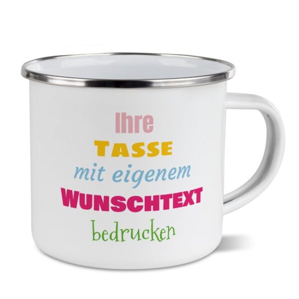 Nostalgie und Moderne in nur einer Tasse - Der Metallbecher aus Emaille ist wieder voll im Trend. Bedruckt mit deinem ganz persönlichen Wunschtext...