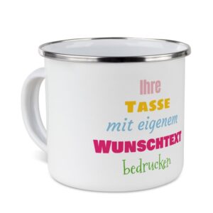 Nostalgie und Moderne in nur einer Tasse - Der Metallbecher aus Emaille ist wieder voll im Trend. Bedruckt mit deinem ganz persönlichen Wunschtext...