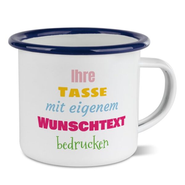 Nostalgie und Moderne in nur einer Tasse - Der Metallbecher aus Emaille ist wieder voll im Trend. Bedruckt mit deinem ganz persönlichen Wunschtext...