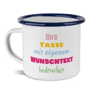 Nostalgie und Moderne in nur einer Tasse - Der Metallbecher aus Emaille ist wieder voll im Trend. Bedruckt mit deinem ganz persönlichen Wunschtext...