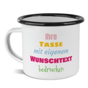 Nostalgie und Moderne in nur einer Tasse - Der Metallbecher aus Emaille ist wieder voll im Trend. Bedruckt mit deinem ganz persönlichen Wunschtext...