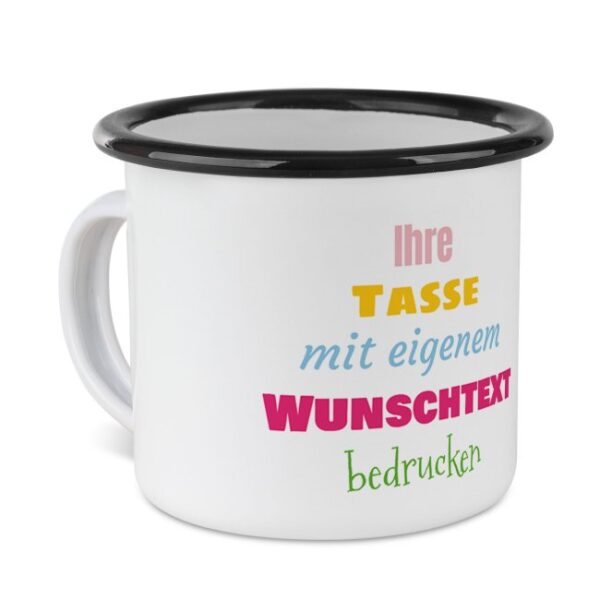 Nostalgie und Moderne in nur einer Tasse - Der Metallbecher aus Emaille ist wieder voll im Trend. Bedruckt mit deinem ganz persönlichen Wunschtext...