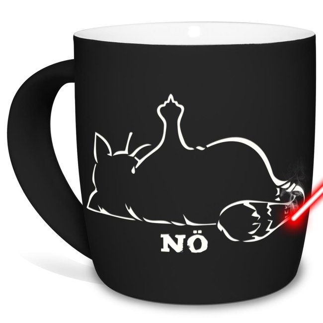 Tasse mit Gravur in Schwarz mit witzigem Motiv - Nö-Katze - für Arbeit