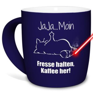 Tasse mit Gravur in Blau mit witzigem Motiv - Fresse halten