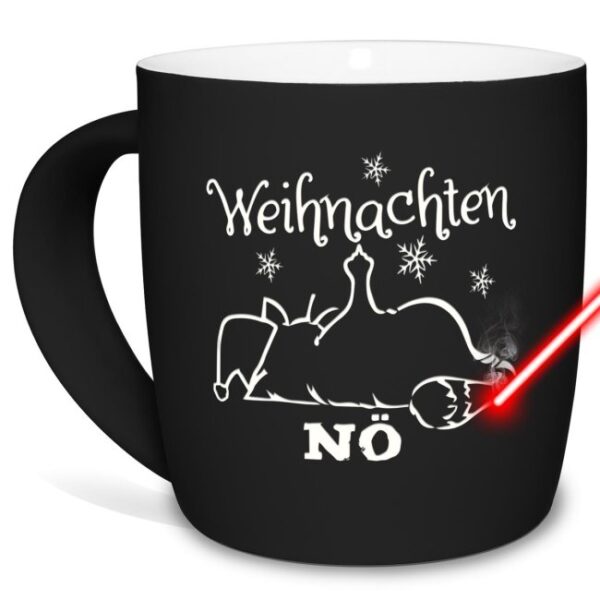 Gummierte Gravierte Tasse mit Spruch - Weihnachten mit Nö-Katze - Lasergravur mit einzigartigem 3-D-Effekt - eine coole Weihnachtshasser-Tasse fürs...