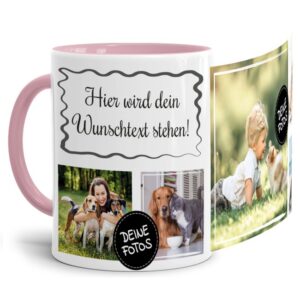 Bedruckte Tasse mit Fotocollage aus hochwertiger Keramik bestehend aus 5 Fotos und Rahmen für Deinen persönlichen Wunschtext - liebevoll gestaltet...