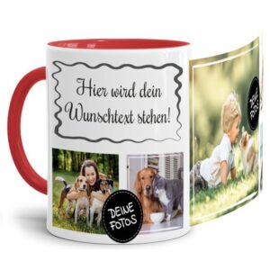 Bedruckte Tasse mit Fotocollage aus hochwertiger Keramik bestehend aus 5 Fotos und Rahmen für Deinen persönlichen Wunschtext - liebevoll gestaltet...