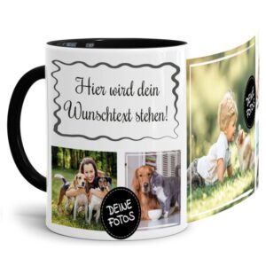 Bedruckte Tasse mit Fotocollage aus hochwertiger Keramik bestehend aus 5 Fotos und Rahmen für Deinen persönlichen Wunschtext - liebevoll gestaltet...