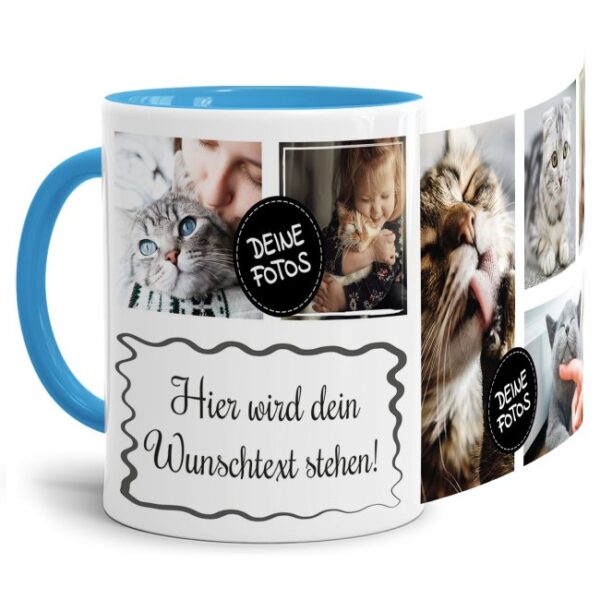 Bedruckte Tasse mit Fotocollage aus hochwertiger Keramik bestehend aus 6 Fotos und Rahmen für Deinen persönlichen Wunschtext - liebevoll gestaltet...