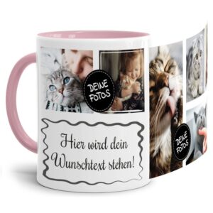 Bedruckte Tasse mit Fotocollage aus hochwertiger Keramik bestehend aus 6 Fotos und Rahmen für Deinen persönlichen Wunschtext - liebevoll gestaltet...