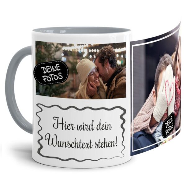 Bedruckte Tasse mit Fotocollage aus hochwertiger Keramik bestehend aus 2 Fotos und Rahmen für Deinen persönlichen Wunschtext - liebevoll gestaltet...