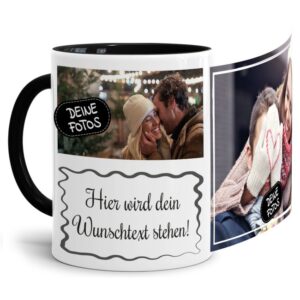 Bedruckte Tasse mit Fotocollage aus hochwertiger Keramik bestehend aus 2 Fotos und Rahmen für Deinen persönlichen Wunschtext - liebevoll gestaltet...