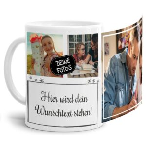 Bedruckte Tasse mit Fotocollage aus hochwertiger Keramik bestehend aus 3 Fotos und Rahmen für Deinen persönlichen Wunschtext - liebevoll gestaltet...