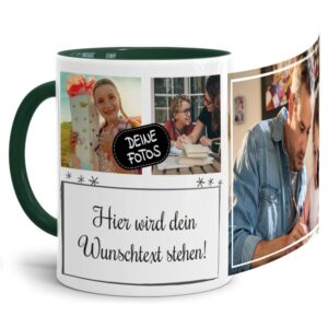 Bedruckte Tasse mit Fotocollage aus hochwertiger Keramik bestehend aus 3 Fotos und Rahmen für Deinen persönlichen Wunschtext - liebevoll gestaltet...