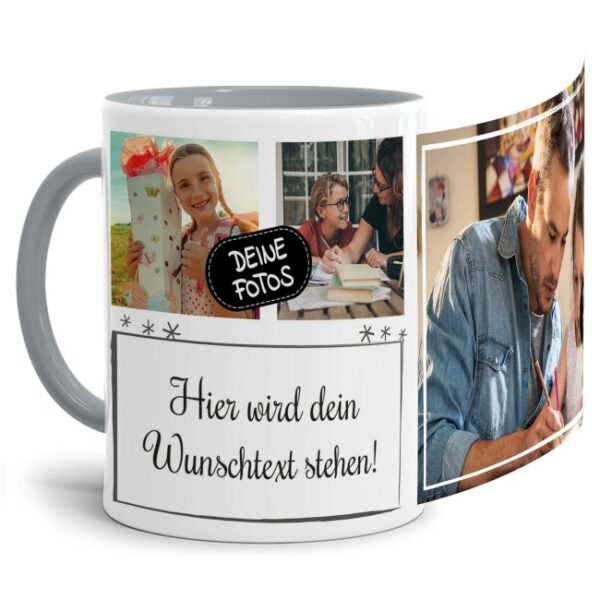 Bedruckte Tasse mit Fotocollage aus hochwertiger Keramik bestehend aus 3 Fotos und Rahmen für Deinen persönlichen Wunschtext - liebevoll gestaltet...