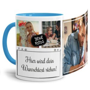 Bedruckte Tasse mit Fotocollage aus hochwertiger Keramik bestehend aus 3 Fotos und Rahmen für Deinen persönlichen Wunschtext - liebevoll gestaltet...