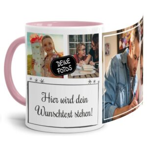 Bedruckte Tasse mit Fotocollage aus hochwertiger Keramik bestehend aus 3 Fotos und Rahmen für Deinen persönlichen Wunschtext - liebevoll gestaltet...