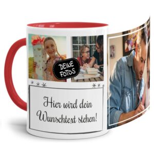 Bedruckte Tasse mit Fotocollage aus hochwertiger Keramik bestehend aus 3 Fotos und Rahmen für Deinen persönlichen Wunschtext - liebevoll gestaltet...