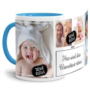 Bedruckte Tasse mit Fotocollage aus hochwertiger Keramik bestehend aus 4 Fotos und Rahmen für Deinen persönlichen Wunschtext - liebevoll gestaltet...