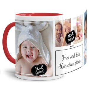 Bedruckte Tasse mit Fotocollage aus hochwertiger Keramik bestehend aus 4 Fotos und Rahmen für Deinen persönlichen Wunschtext - liebevoll gestaltet...