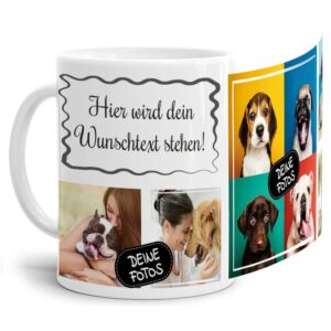 Bedruckte Tasse mit Fotocollage aus hochwertiger Keramik bestehend aus 5 Fotos und Rahmen für Deinen persönlichen Wunschtext - liebevoll gestaltet...