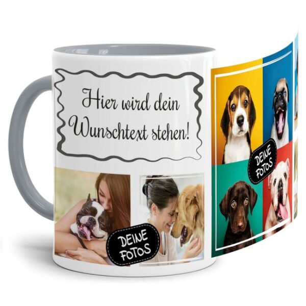 Bedruckte Tasse mit Fotocollage aus hochwertiger Keramik bestehend aus 5 Fotos und Rahmen für Deinen persönlichen Wunschtext - liebevoll gestaltet...