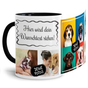 Bedruckte Tasse mit Fotocollage aus hochwertiger Keramik bestehend aus 5 Fotos und Rahmen für Deinen persönlichen Wunschtext - liebevoll gestaltet...