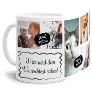 Bedruckte Tasse mit Fotocollage aus hochwertiger Keramik bestehend aus 6 Fotos und Rahmen für Deinen persönlichen Wunschtext - liebevoll gestaltet...