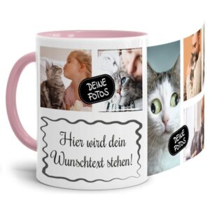 Bedruckte Tasse mit Fotocollage aus hochwertiger Keramik bestehend aus 6 Fotos und Rahmen für Deinen persönlichen Wunschtext - liebevoll gestaltet...